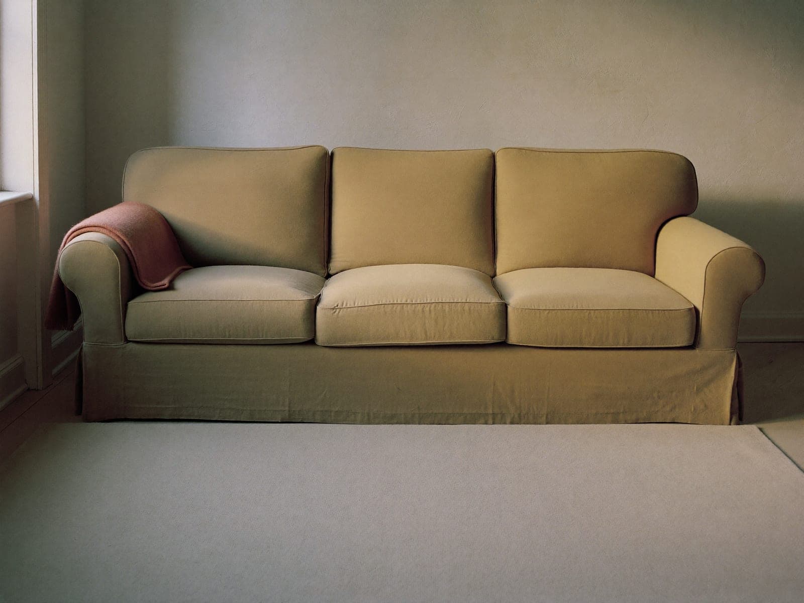 A clean upholstered sofa and a freshly cleaned rug in daylight.