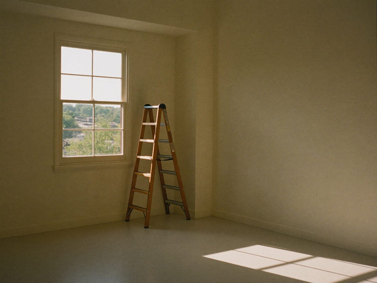 A newly finished room with fresh paint and clean floors after construction dust has been removed.